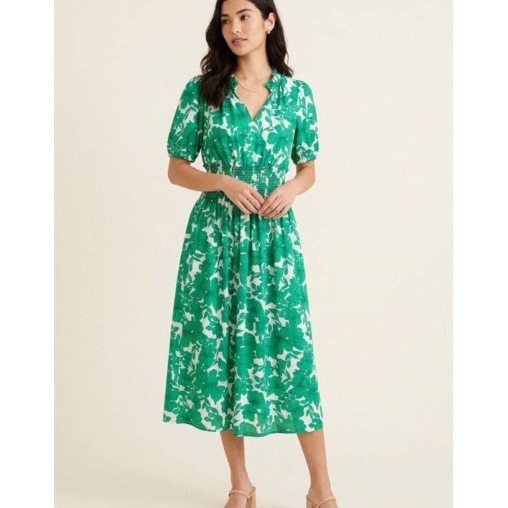 J.Crew Womens Green White Floral Smocked Waist Midi Dress Small Cottagecore